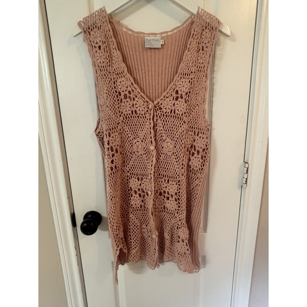 Vintage Pierre Cardin Crochet Knit Duster Vest Pink Ramie Cotton Button Front M